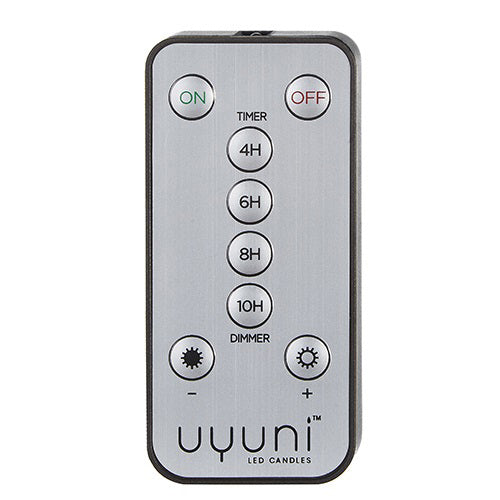 The MULTI FUNCTION REMOTE by RAZ IMPORTS is a rectangular device designed for Uyuni LED candles. It features an on/off button at the top, followed by timer buttons for 4, 6, 8, and 10-hour settings. The bottom section includes buttons for light dimming. This grey-silver plastic remote with black edges is powered by a CR2025 battery.