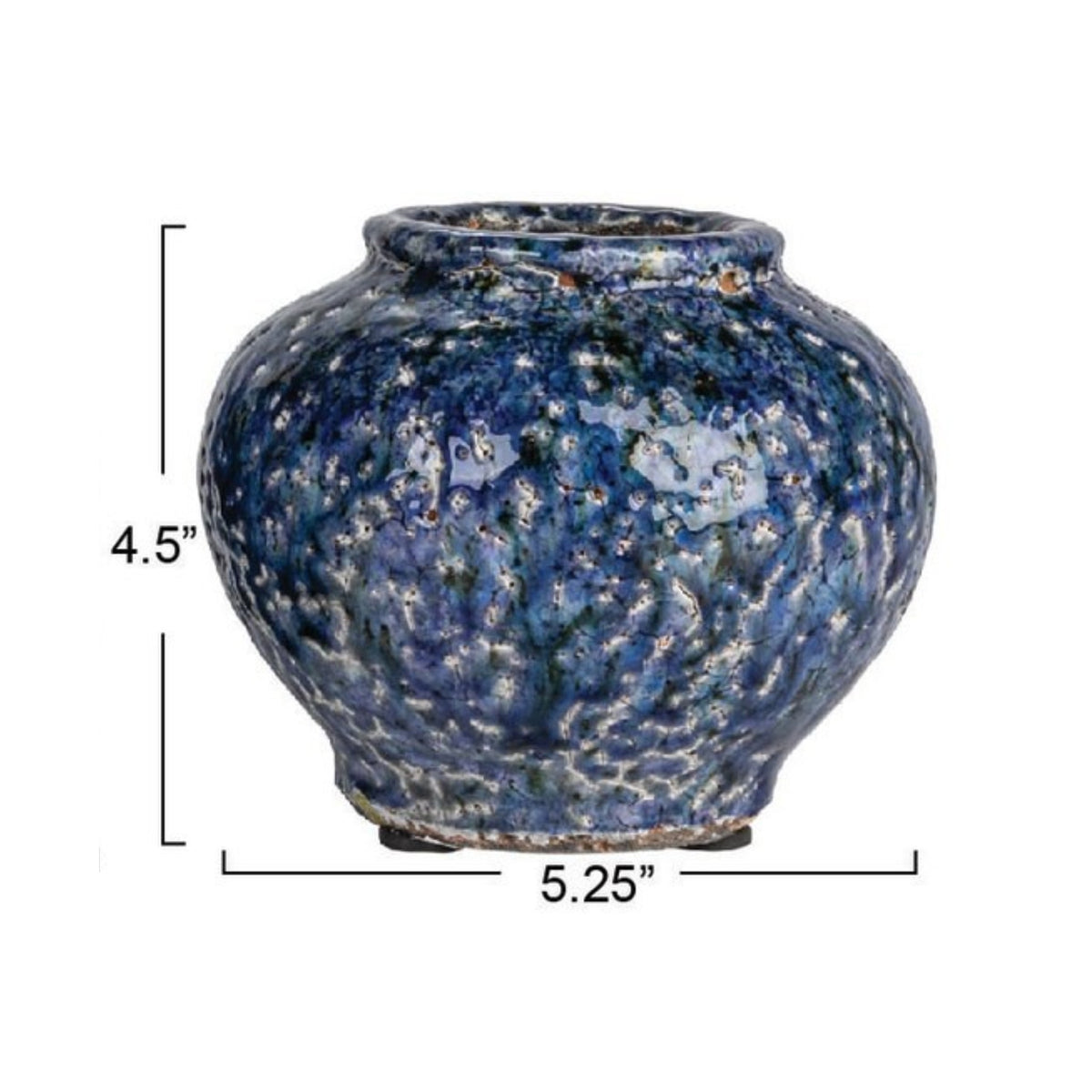The CREATIVE COOP Decorative Terracotta Vase with Blue Crackle Glaze, Small, features a round, wide-mouthed design and glossy marbled blue-black finish with subtle white speckles, shown against a plain white background.