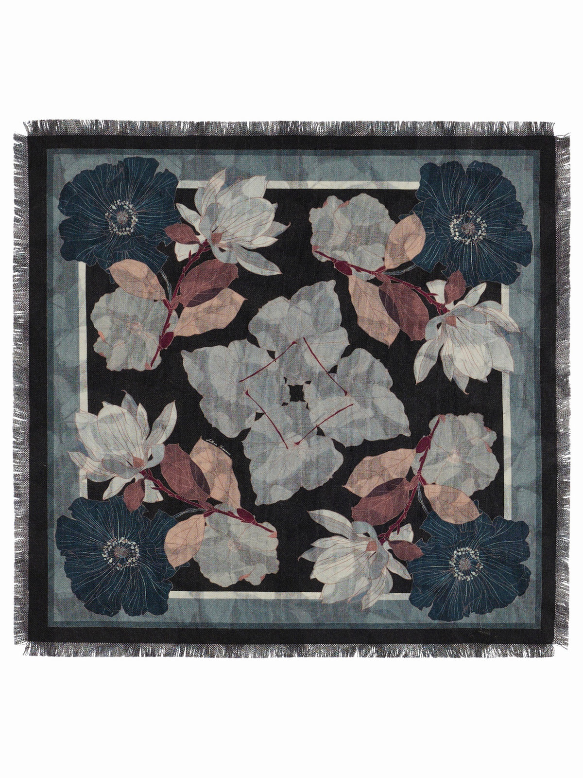 The FRANCO FERRARI - GRIDO REVERSIBLE WOOL SCARF 68X68 features a square shape, with blue, white, and mauve floral patterns on black, fringed edges, and detailed flowers and leaves at the corners and borders.