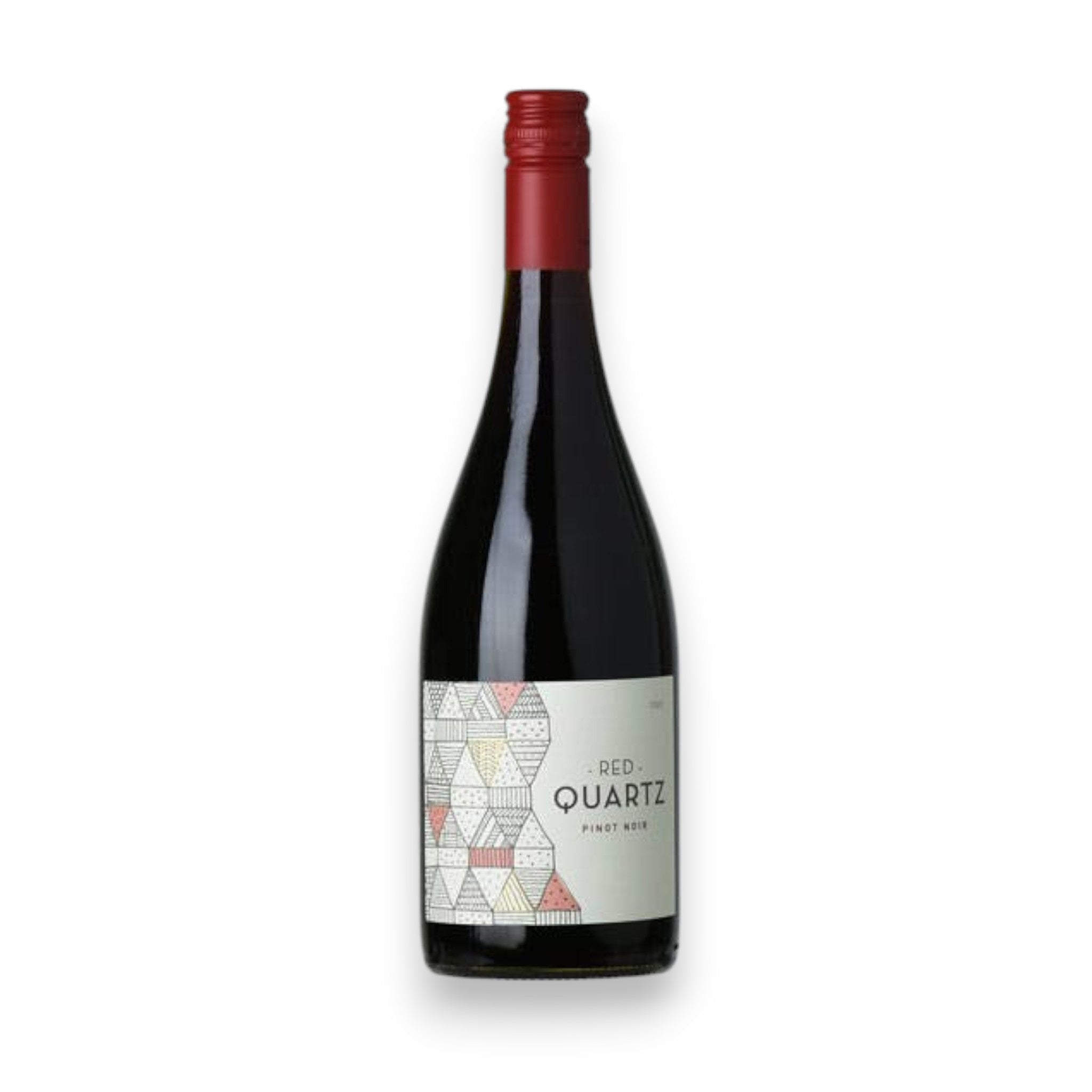 A bottle of QUARTZ PINOT NOIR 2024 by WINE: ORSINI from Casablanca Valley, Chile, features a red screw cap and a geometric red, gray, and white label. The bottle is shown against a plain white background.