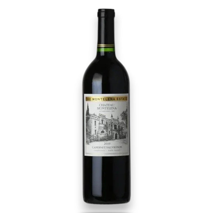 A bottle of CHATEAU MONTELENA ESTATE CABERNET SAUVIGNON 2019 by WINE: TRYON, featuring a white label with a stone chateau illustration and gold accents, set against a plain white background.