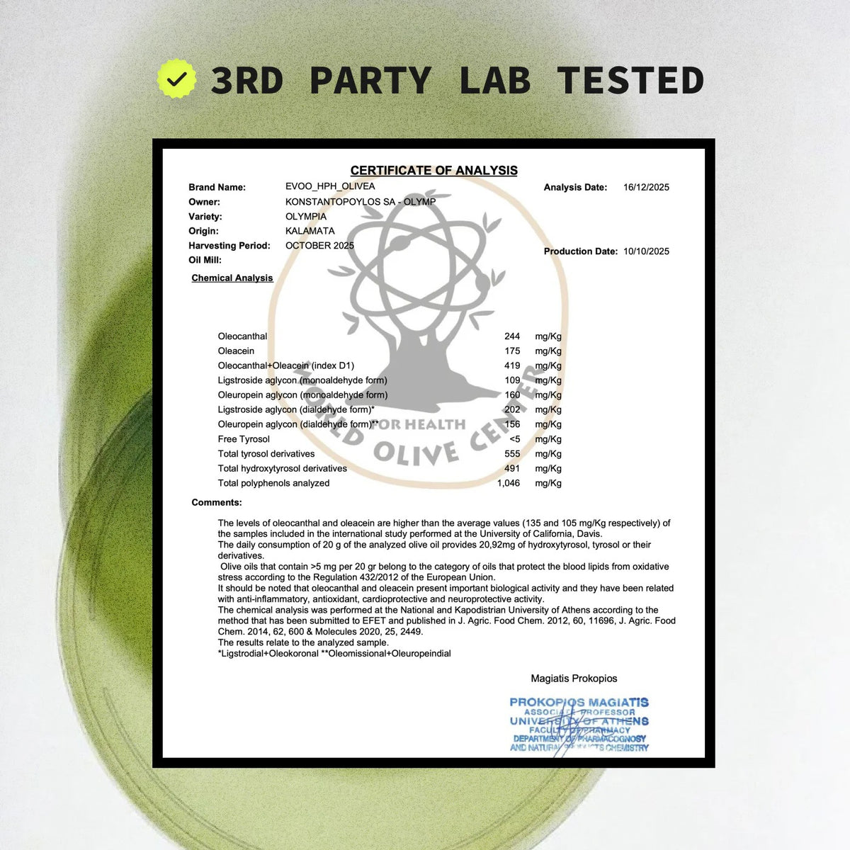 A 500ml dark bottle of OLIVEA - ULTRA HIGH PHENOLIC EXTRA VIRGIN OLIVE OIL displays a white label adorned with green olive leaves. Highlighted as "Ultra High-Phenolic EVOO," this antioxidant-rich, premium selection from OLIVEA is showcased against a clean white background.