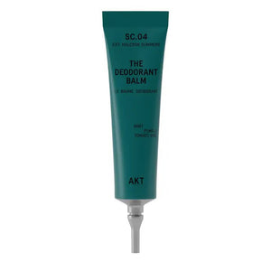 The AKT LONDON AKT DEODORANT BALM HALCYON SUMMERS, in a green tube with a silver cap, offers all-day protection using natural plant and mineral powders and features a mint, pomelo, and tomato vine scent.