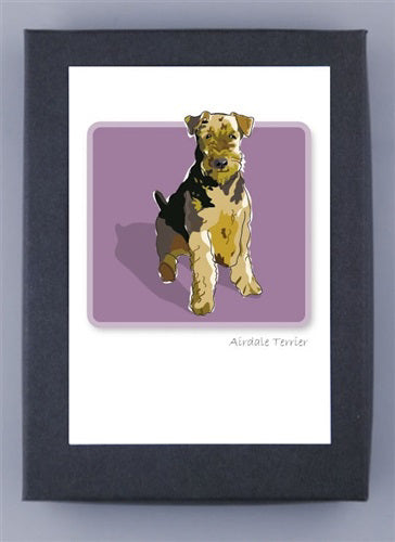 The "PAPER RUSSELS - AIREDALE TERRIER NOTE CARDS" by PAPER RUSSELLS feature an illustration of an Airedale Terrier centered on a lavender background within a white border. Printed using renewable green electricity, the drawing depicts the dog sitting with a black and tan coat. "Airedale Terrier" is written below the illustration, which is framed in a black border.
