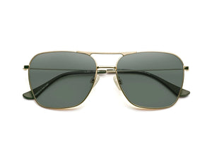 The CADDIS HOOPER Sunglasses feature a gold metal aviator-style frame, dark green polarized lenses, double bridge, black temple tips, and lightweight design, shown from the front against a white background.