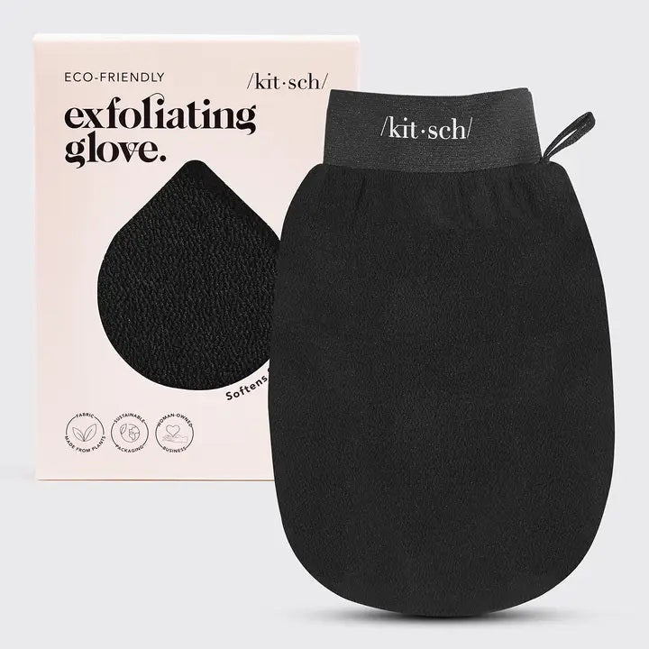 The KITSCH - KIRACH black exfoliating glove offers gentle skincare exfoliation with its smooth texture, elastic cuff, and hanging loop. Ideal for promoting skin cell renewal, it features the brand name printed on it.