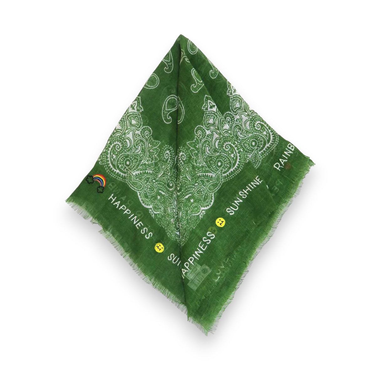 A SMALL LINEN PAISLEY SCARF GREEN 50X50 by CITRUS FASHIONS, featuring intricate paisley designs with embroidered rainbows, the text "Happiness Sunshine Rainbow," and two smiley faces.