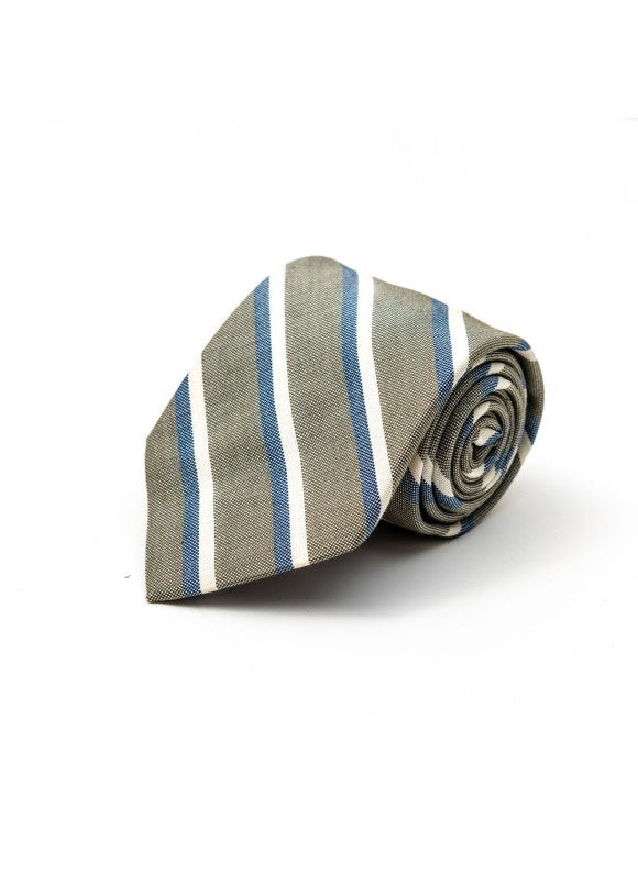 The EDWARD ARMAH - GREY BEIGE DENIM STRIPE SILK TIE features diagonal blue and white stripes on a light gray background—a stylish, classic accessory from EDWARD ARMAH for any men’s wardrobe.