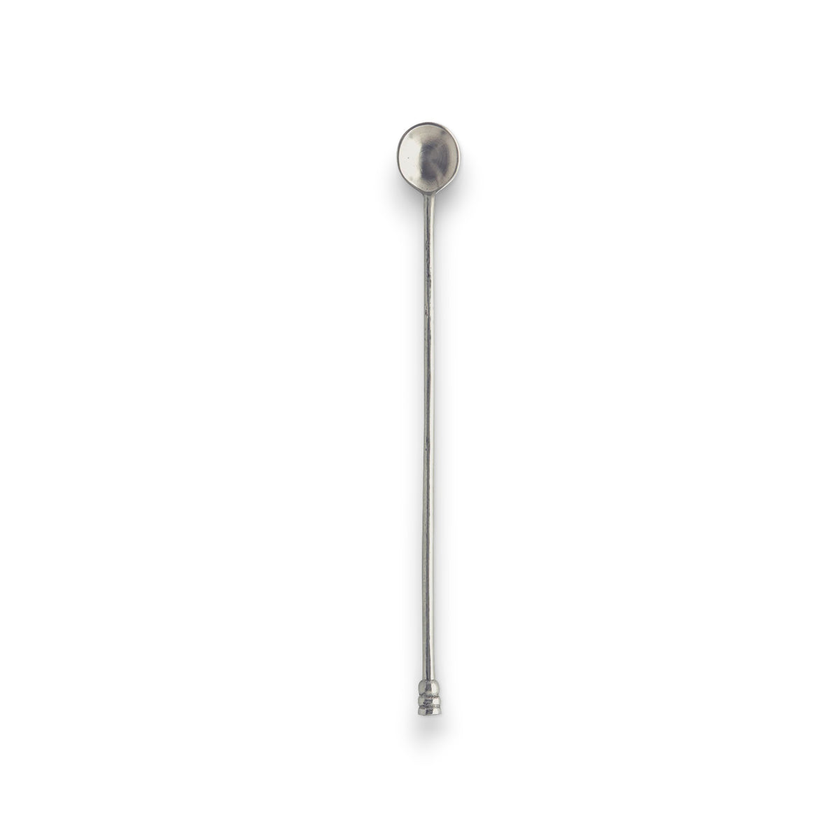 The MATCH Pewter Cocktail Stirrer by MATCH features a long, slender design with a small round bowl at one end and a decorative knob at the other, shown against a white background.