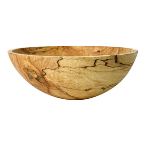 The SPENCER PETERMAN Classic Round Spalted Maple Bowl 18" by PETERMANS BOARDS & BOWLS INC features a handcrafted, smooth, rounded design and unique natural grain patterns, displayed against a plain white background.