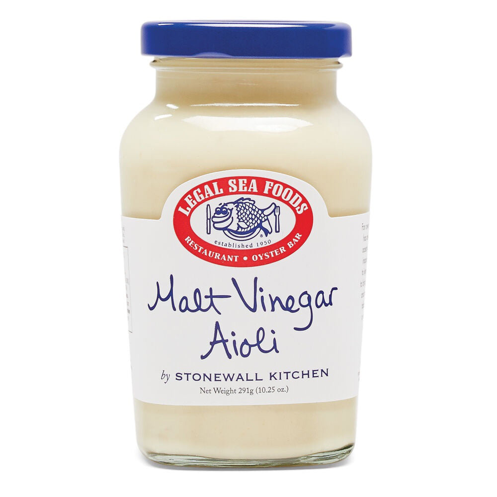A jar of Stonewall Kitchen Malt Vinegar Aioli, ideal for enhancing fish sandwiches, features a blue lid and a label displaying the brand&#39;s logo. The product is described as &quot;Malt Vinegar Aioli&quot; by Stonewall Kitchen and has a weight of 291g (10.25 oz).