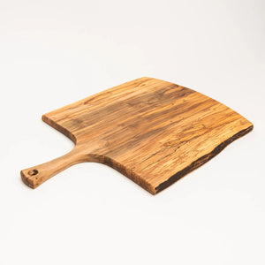 The SPENCER PETERMAN Live Edge Spalted Ambrosia Maple Serving Board 21" by Petermans Boards & Bowls Inc is a rectangular, handcrafted serving board with a handle and a hole for hanging, displayed on a white background.