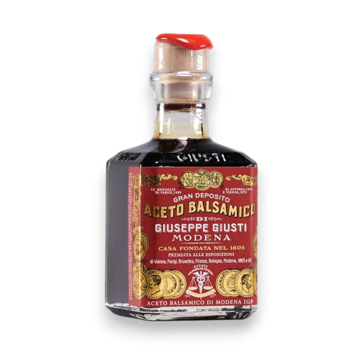 A bottle of aged GIUSEPPE GIUSTI balsamic vinegar of Modena, with a red wax seal on the cork. The label is red with gold and yellow accents, showcasing various certifications and medals. The brand name "Mercato di Bellina" is prominently displayed on the front, highlighting its status as Giusti 3 Medals Balsamic Vinegar made in Italy for twelve years.