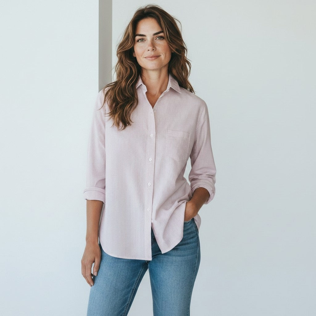 A tan and white striped button-down shirt, the EILEEN Relaxed Button Up by FRANK & EILEEN, is crafted from premium Italian cotton. Featuring long sleeves, a chest pocket, and an easy open collar, this bust-flattering shirt is shown neatly laid flat with its sleeves casually rolled for a relaxed yet polished look.