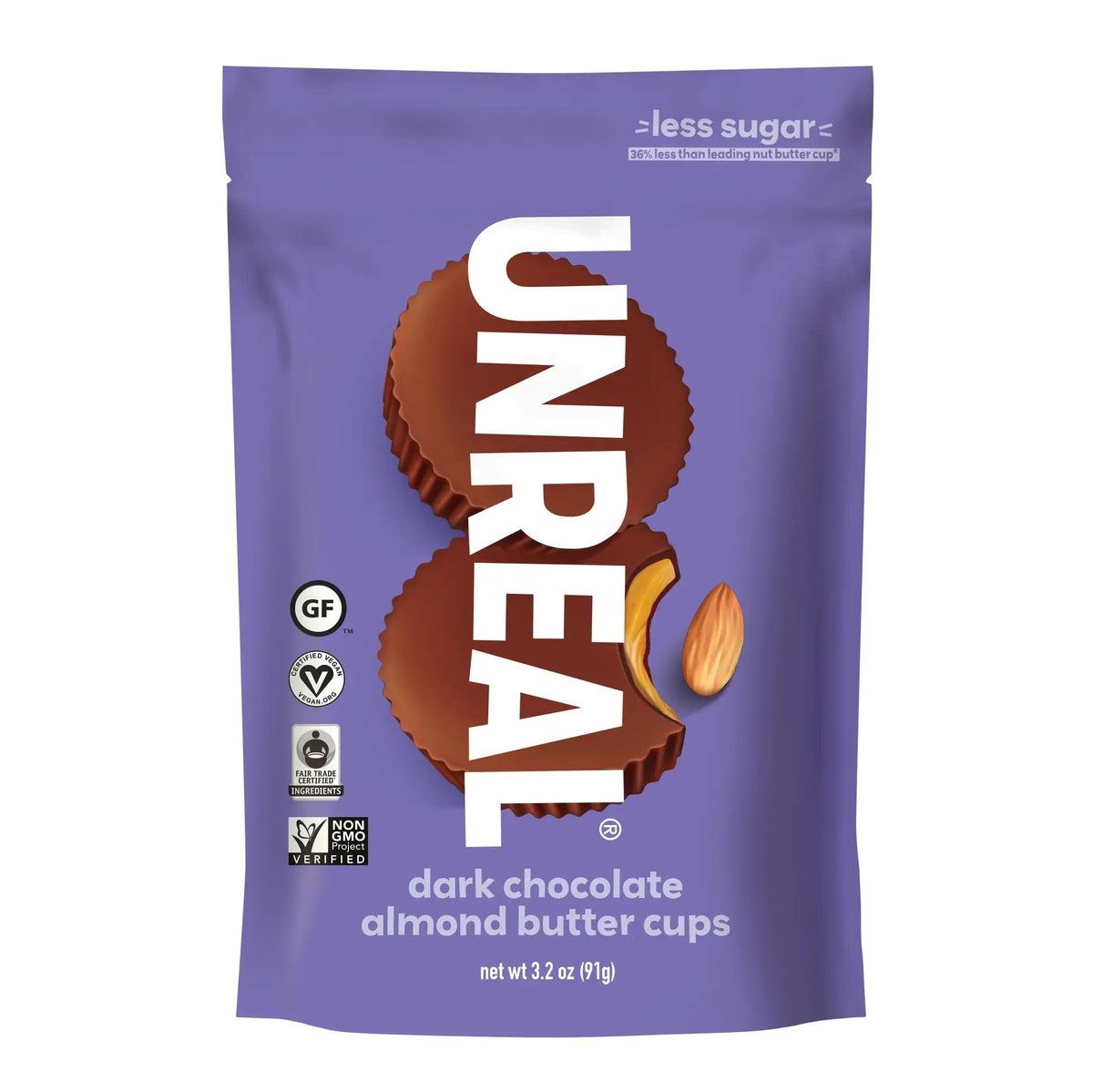 A purple bag of UNREAL DARK CHOCOLATE PEANUT BUTTER CUPS, featuring images of the cups and a peanut. Labels indicate it’s low sugar, gluten-free, vegan, and non-GMO. Net weight is 3.2 oz (91g).
