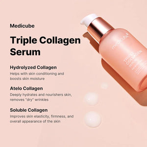 The MEDICUBE Triple Collagen Serum by Asian Beauty Wholesale, ideal for all skin types, enhances elasticity. It comes in an elegant pink matte bottle with a rose gold pump, set against a white background, and promises a "glass glow" complexion.