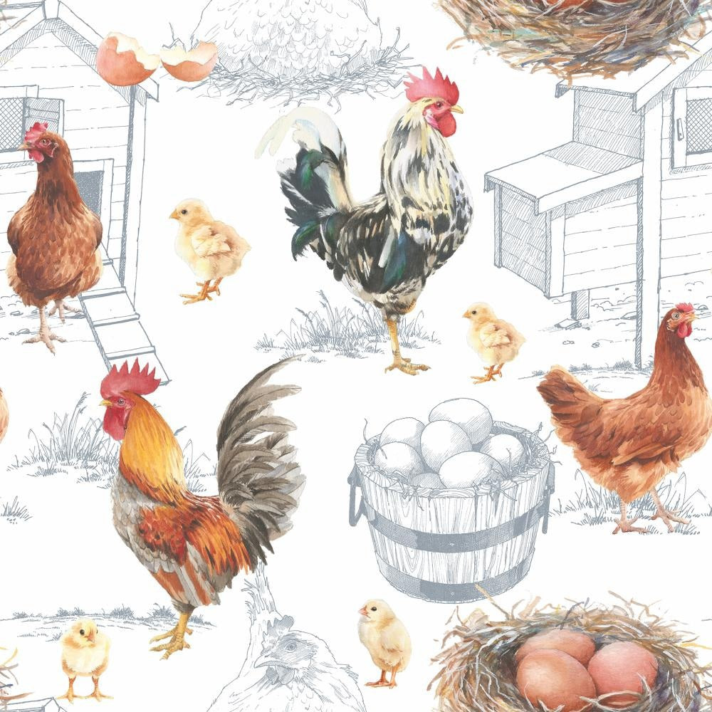 Bring charm and durability to your table with the CHICKEN FARM BEVERAGE NAPKINS by PAPER PRODUCTS DESIGN. Featuring a delightful illustrated pattern of hens, roosters, chicks, eggs in nests, chicken coops, broken eggshells, and a wooden bucket filled with eggs on a crisp white background—some artwork in lively color and others in grayscale. These napkins are printed on naturally bleached 3-ply paper for exceptional quality.