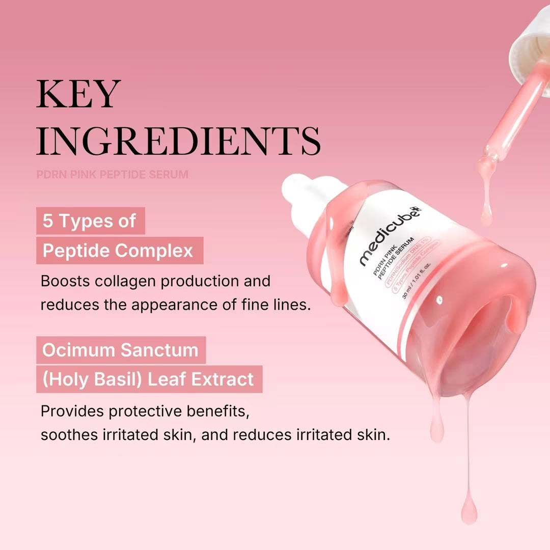 A pink dropper bottle of KOSMIC KBEAUTY SKINCARE MEDICUBE - PDRN PINK PEPTIDE SERUM, 30G is featured alongside large and small pink serum droplets in the background. The label emphasizes a peptide complex and PDRN/sodium DNA, making this glow serum an essential choice for a radiant complexion.