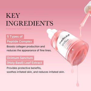 A pink dropper bottle of KOSMIC KBEAUTY SKINCARE MEDICUBE - PDRN PINK PEPTIDE SERUM, 30G is featured alongside large and small pink serum droplets in the background. The label emphasizes a peptide complex and PDRN/sodium DNA, making this glow serum an essential choice for a radiant complexion.