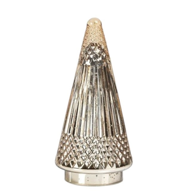 SIBERIAN ANTIQUE GLASS LED TREE IN GOLD, MEDIUM, a cone-shaped tree with a metallic gold finish and textured geometric patterns.