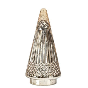 SIBERIAN ANTIQUE GLASS LED TREE IN GOLD, MEDIUM, a cone-shaped tree with a metallic gold finish and textured geometric patterns.