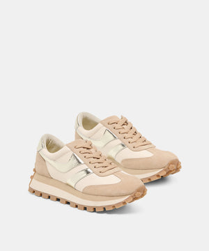 DOLCE VITA - TRESA SNEAKERS IN WHITE & GOLD SUEDE, a low-top sneaker in beige and layered suede with metallic gold accents and a sporty lug sole.