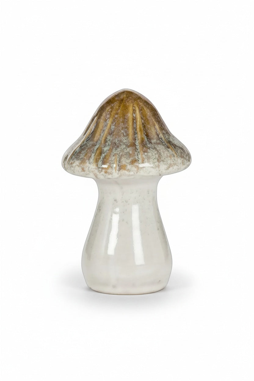 Three LARGE CERAMIC MUSHROOM décor pieces in varying sizes and shades of white, brown, and green, styled as a woodland-inspired set.