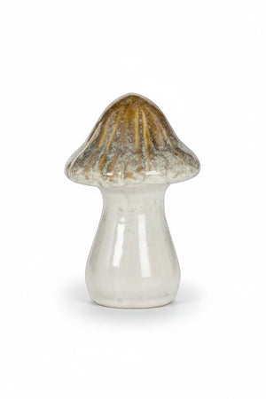 Three LARGE CERAMIC MUSHROOM décor pieces in varying sizes and shades of white, brown, and green, styled as a woodland-inspired set.