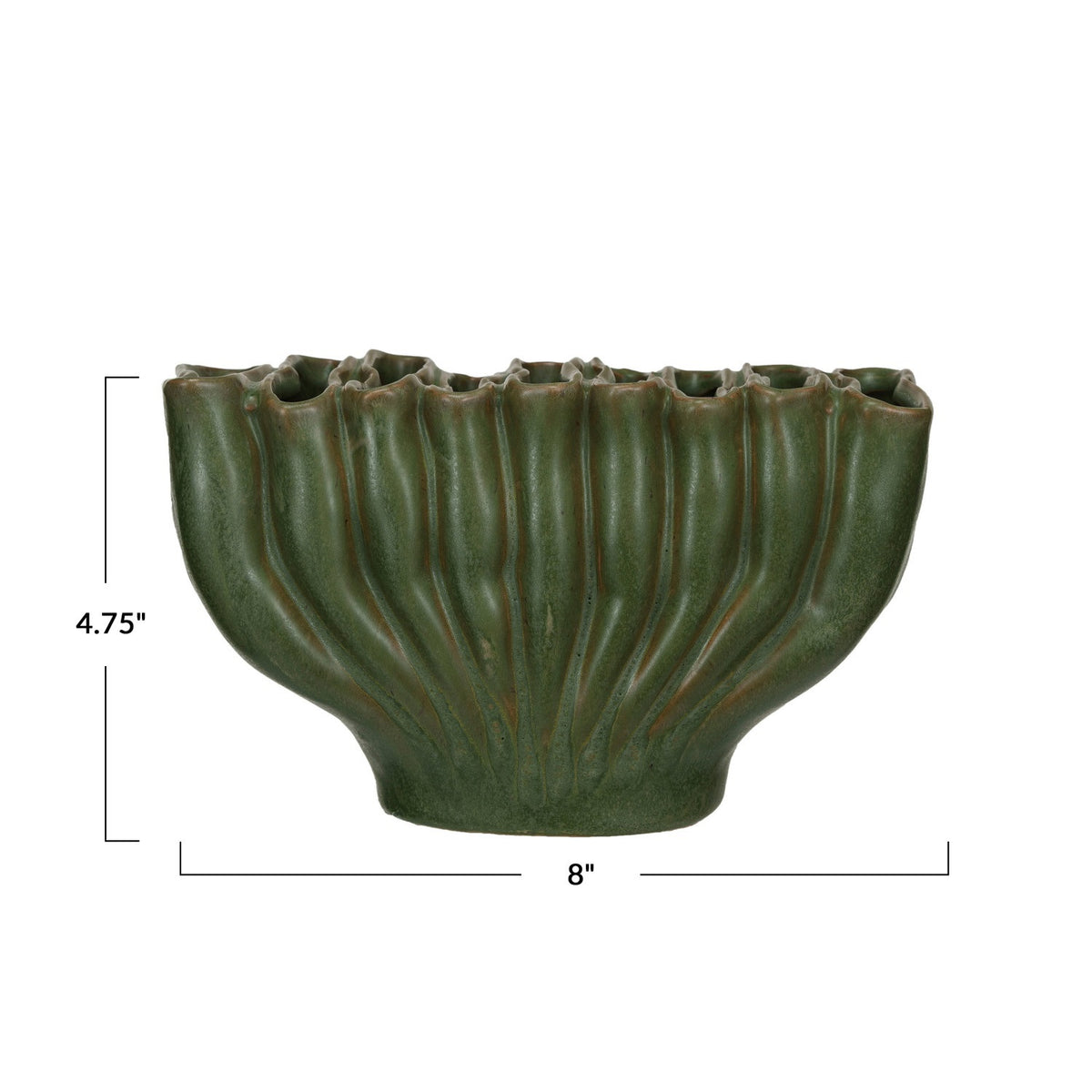 The CREATIVE COOP STONEWARE SCULPTURAL VASE WITH 9 SECTIONS is a matte green vase with a wavy, ridged design and uneven rim, measuring 4.75" tall by 8" wide—an eye-catching modern accent for your décor.