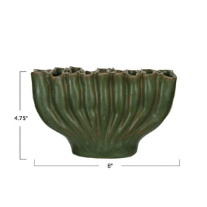 The CREATIVE COOP STONEWARE SCULPTURAL VASE WITH 9 SECTIONS is a matte green vase with a wavy, ridged design and uneven rim, measuring 4.75" tall by 8" wide—an eye-catching modern accent for your décor.
