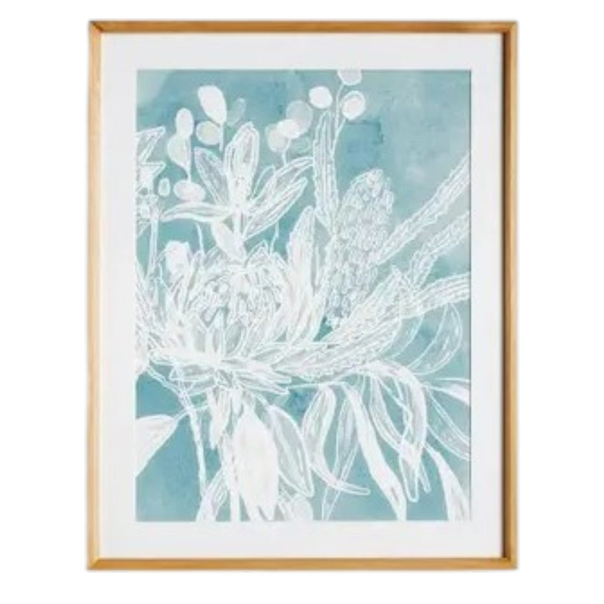 A framed protea abstract print in soft blue by NAPA HOME AND GARDEN, featuring a white floral illustration on a blue background. This botanical wall art is presented in a light wood frame for a fresh, contemporary look—perfect for modern home décor.