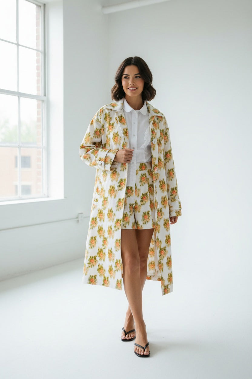 A person stands on grass before green bushes, wearing HOPE FOR FLOWERS' pink Warped Ikat coat over a white shirt and matching shorts with black sandals, looking to the side and highlighting the brand's commitment to ethical fashion.