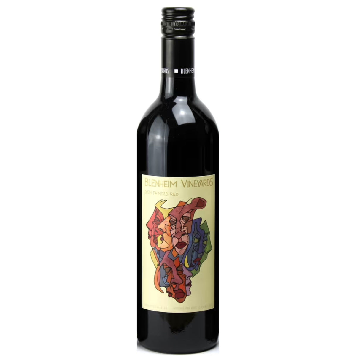 A bottle of BLENHEIM ‘PAINTED RED’ 2023 by WINE: 3 KEYS, featuring a colorful abstract label with red, blue, and yellow shapes on a light background.