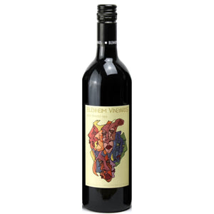 A bottle of BLENHEIM ‘PAINTED RED’ 2023 by WINE: 3 KEYS, featuring a colorful abstract label with red, blue, and yellow shapes on a light background.