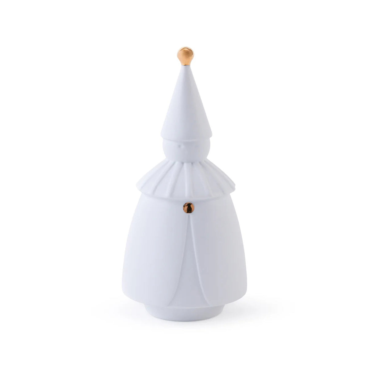 The ZODAX PORCELAIN SILENT WATCHER FIGURINE is a white, cone-shaped ceramic piece with gold accents, resembling a robed figure in a pointed hat. Dimensions: 4 in x 9 in (10.16 cm x 22.86 cm). Shown against a plain white background.