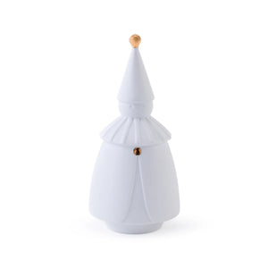 The ZODAX PORCELAIN SILENT WATCHER FIGURINE is a white, cone-shaped ceramic piece with gold accents, resembling a robed figure in a pointed hat. Dimensions: 4 in x 9 in (10.16 cm x 22.86 cm). Shown against a plain white background.