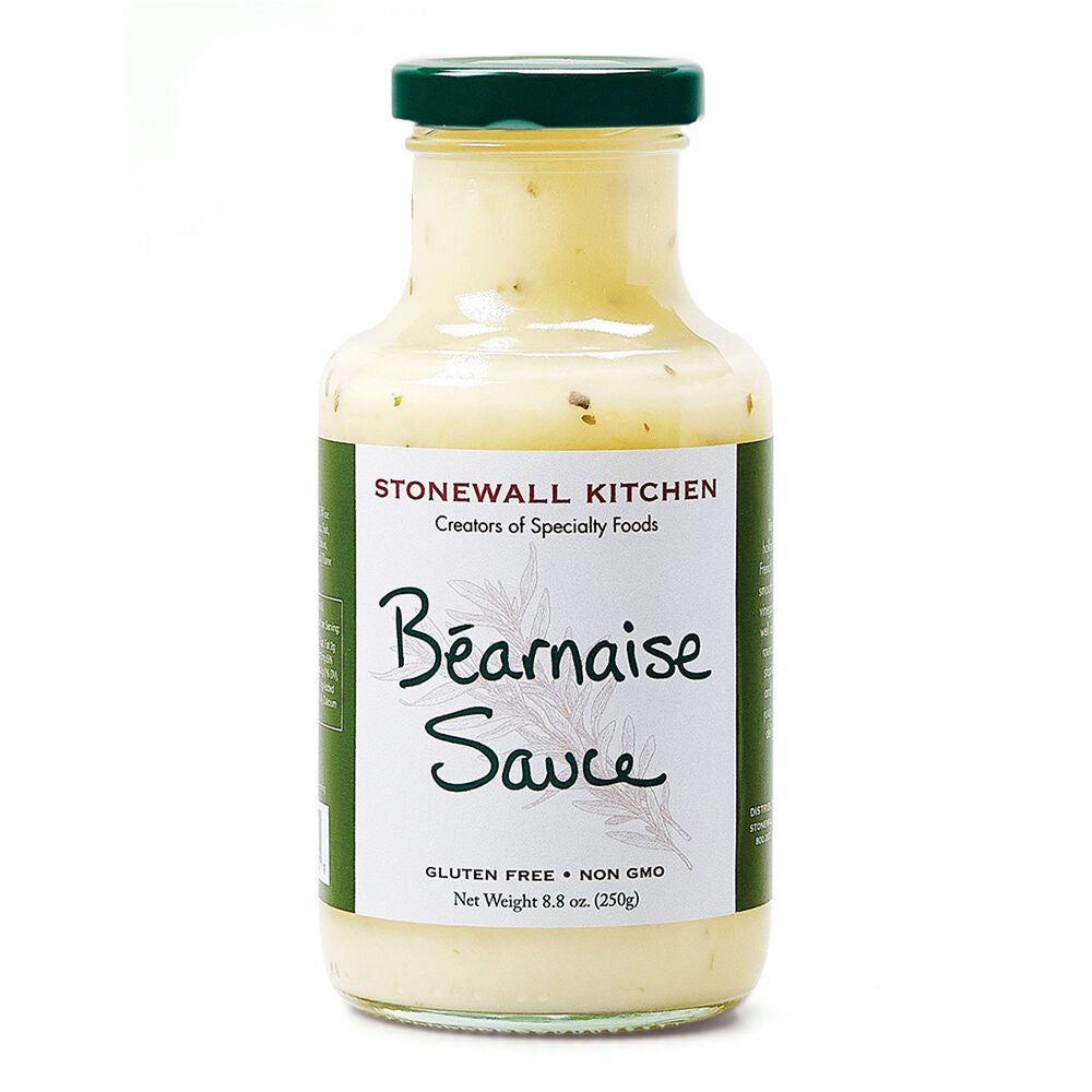 A jar of STONEWALL KITCHEN- BEARNAISE, a French classic and bistro staple. The label indicates it is gluten-free and non-GMO, with a net weight of 8.8 ounces (250 grams). The jar features a green and white design with leafy imagery and the text "Creators of Specialty Foods.