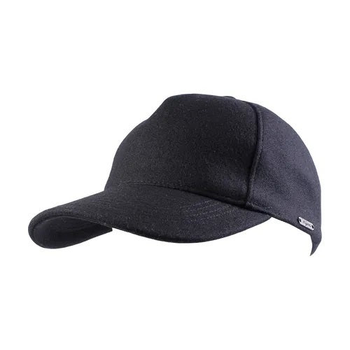 The WIGENS - CONTEMPORARY WOOL BASEBALL CAP IN BLACK by WIGENS features premium black melton wool and a curved brim, displayed front-facing on a white background.