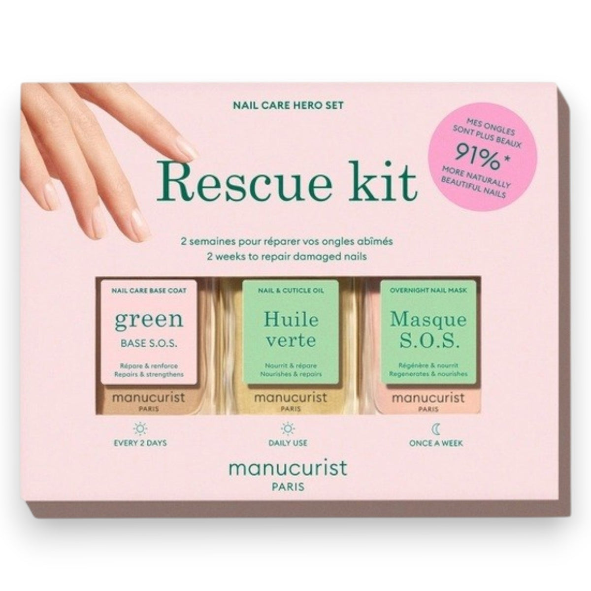 The MANUCURIST - RESCUE KIT by MANUCURIST INC is a manicure rescue set featuring three nail care essentials: Green Base S.O.S., Huile Verte, and Masque S.O.S. Presented in pastel green and pink packaging, this kit is designed to repair damaged nails in just two weeks.