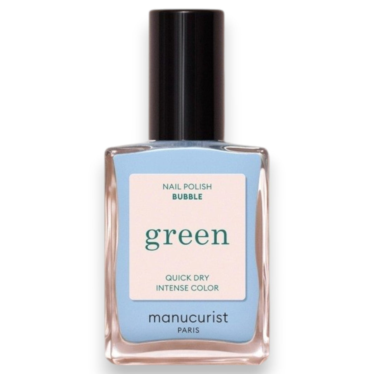 A bottle of MANUCURIST - GREEN™ Nail Polish in Bubble by MANUCURIST INC, featuring a blue and cream label with “Quick Dry Intense Color” and a black cap.