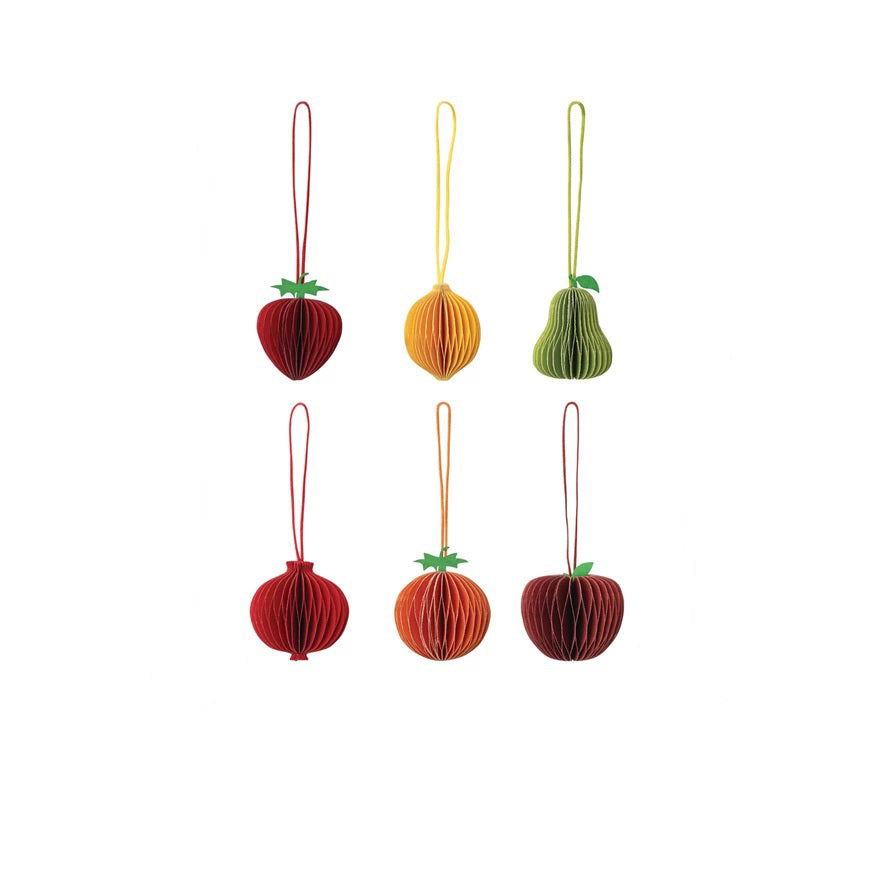 The CREATIVE COOP HANDMADE RECYCLED PAPER HONEYCOMB FRUIT ORNAMENT set features six strung fruits—strawberry, orange, pear, pomegranate, and two apples—each handmade from recycled paper and displayed on a white background.