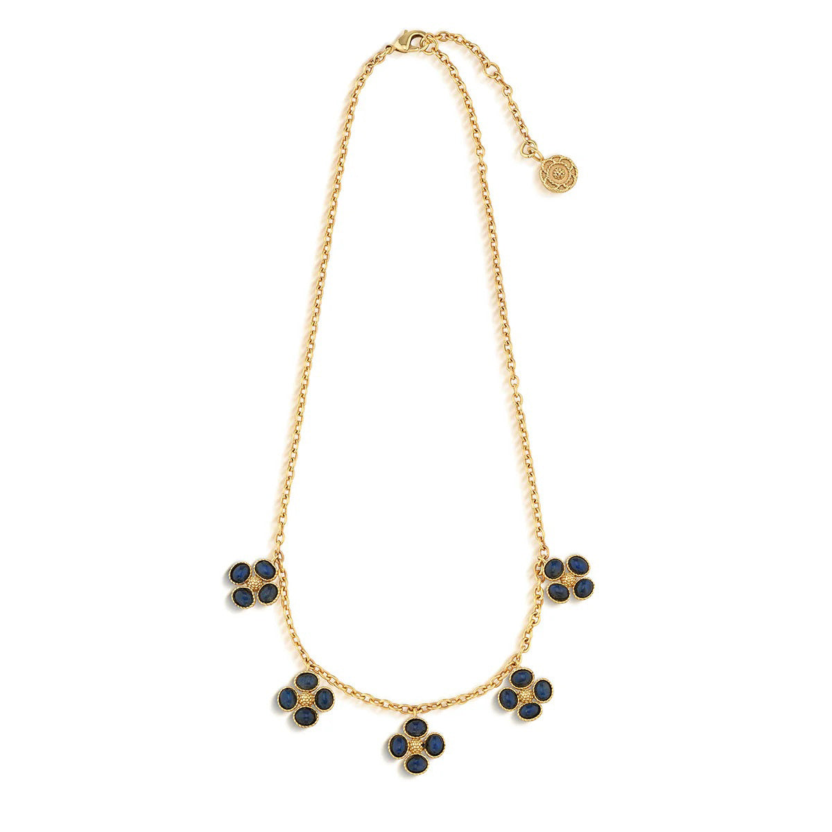 The CAPUCINE DE WULF Berry Clover Multi Station Necklace features five evenly spaced clover-shaped pendants set with labradorite. Finished in 18K gold, it includes an adjustable clasp and a decorative gold charm for a refined look.
