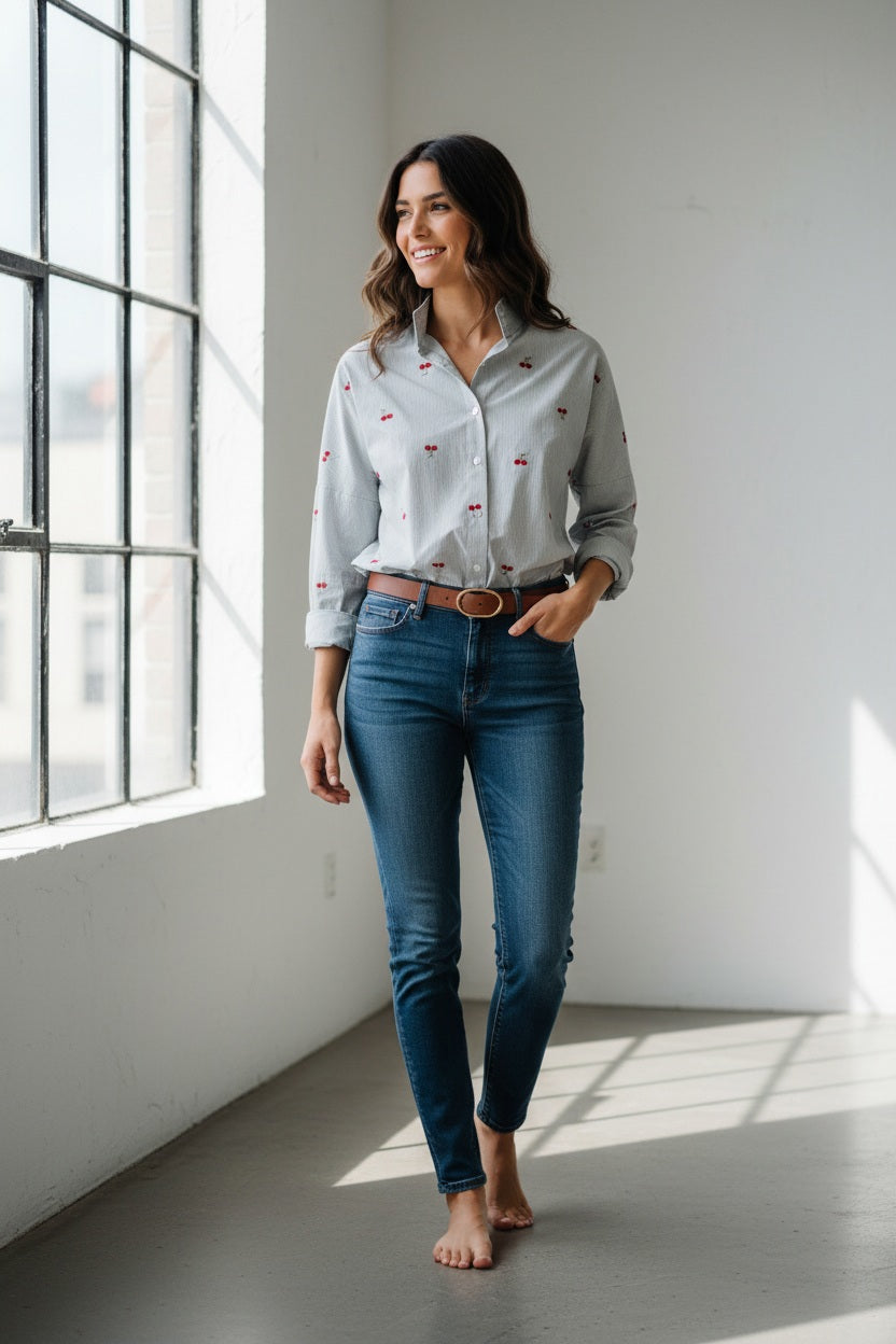 A woman with blonde hair in a ponytail, dressed in the MERSEA Emerson Button Up Shirt in Cherries On Top by MERSEA and blue jeans, holds a red clutch while standing outdoors near green trees and patterned tiles, smiling and looking to the side.