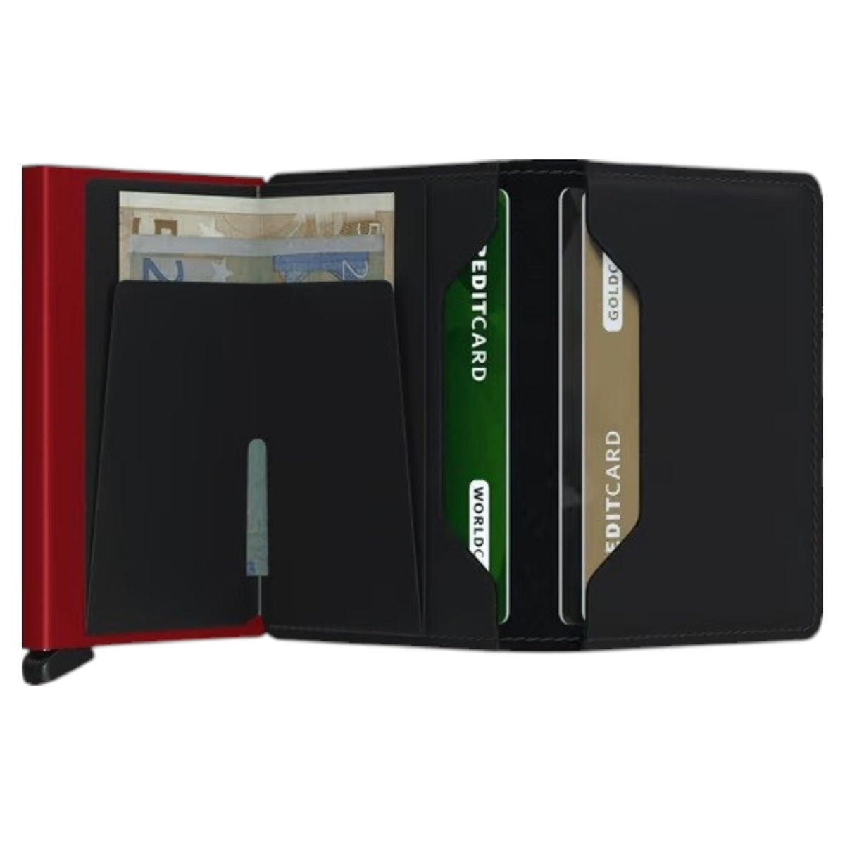 A SECRID - SLIMWALLET MATTE IN BLACK AND RED stands upright, viewed from the side, showcasing its slim profile with black textured edges and the brand name “SECRID” printed vertically in white. This RFID protected wallet blends a sleek design with advanced security, making it an ideal choice for carrying modern essentials.