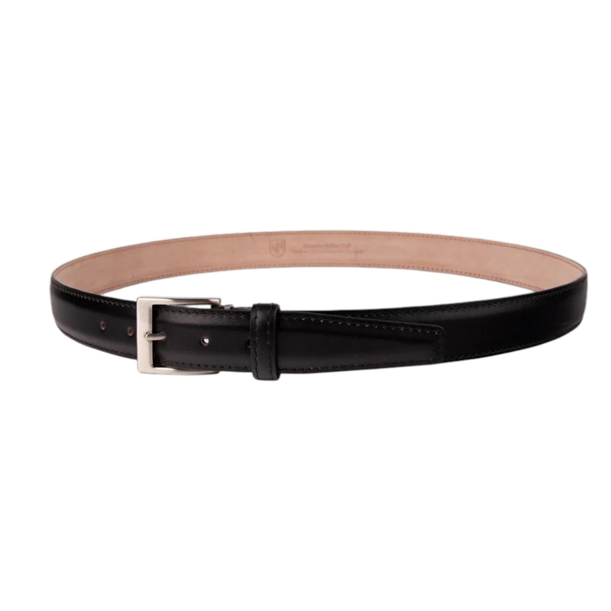 The LEN LIFESTYLE Italian Calf Belt in black features black stitching, a silver rectangular buckle, and a classic design for a timeless look.