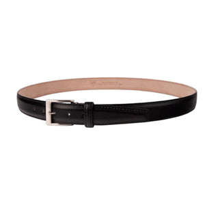 The LEN LIFESTYLE Italian Calf Belt in black features black stitching, a silver rectangular buckle, and a classic design for a timeless look.