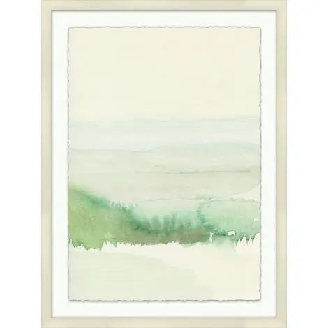 Discover the EMERALD LANDSCAPE 1 ARTWORK by WENDOVER—a minimalist watercolor piece in soft green and pale blue hues, presenting an abstract landscape. This airy composition features gentle, blurred brushstrokes and is printed on matte paper, then elegantly framed with a simple standard frame and a light-colored border. Available for convenient in-store pickup.