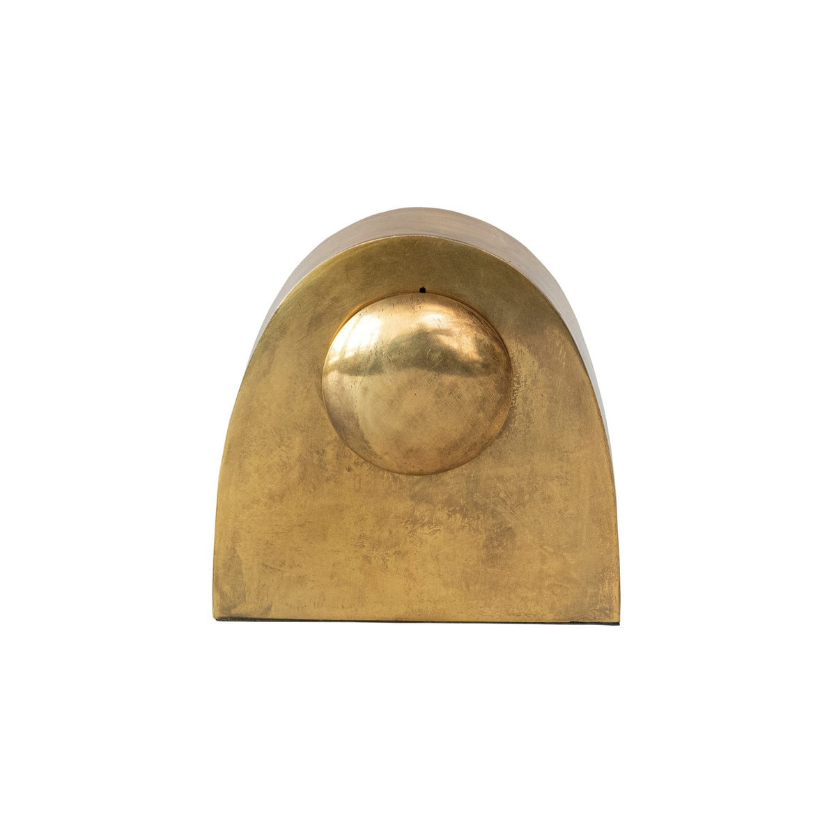 The CREATIVE COOP ARCHED METAL MANTEL CLOCK features an antique gold finish, a rounded top, and Roman numerals on a white face, shown against a plain white background.