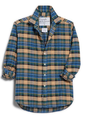 The FRANK & EILEEN Eileen Relaxed Button Up Shirt in Blue Green Navy Plaid features long sleeves, a collar, a roomy fit for easy layering, and the signature "Frank & Eileen Est 1947" label inside.