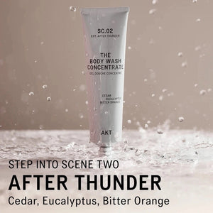A partially squeezed purple tube labeled AKT London, featuring “BODY WASH CONCENTRATE AFTER THUNDER,” highlights long-lasting use—one tube lasts up to 3 months. Packaged in 100% recyclable aluminum with zero plastic, this vegan, plastic-free body wash offers a powerful and concentrated 3x formula with no added water.